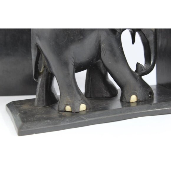 Hand Carved Wooden Elephant Bookends, Vintage Wood Book Ends, Carved Elephant De - Picture 7 of 13